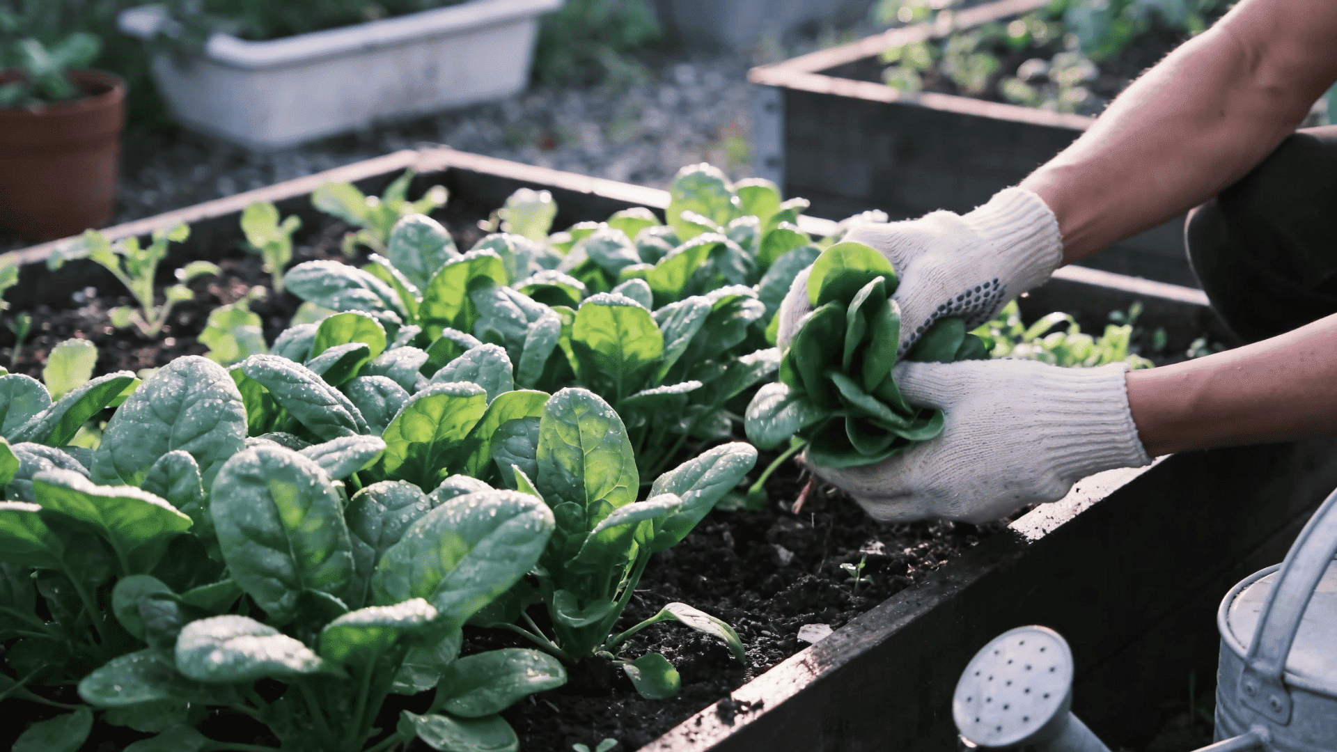 Beginner gardener harvesting fresh spinach from raised beds and containers in a sunny backyard garden.