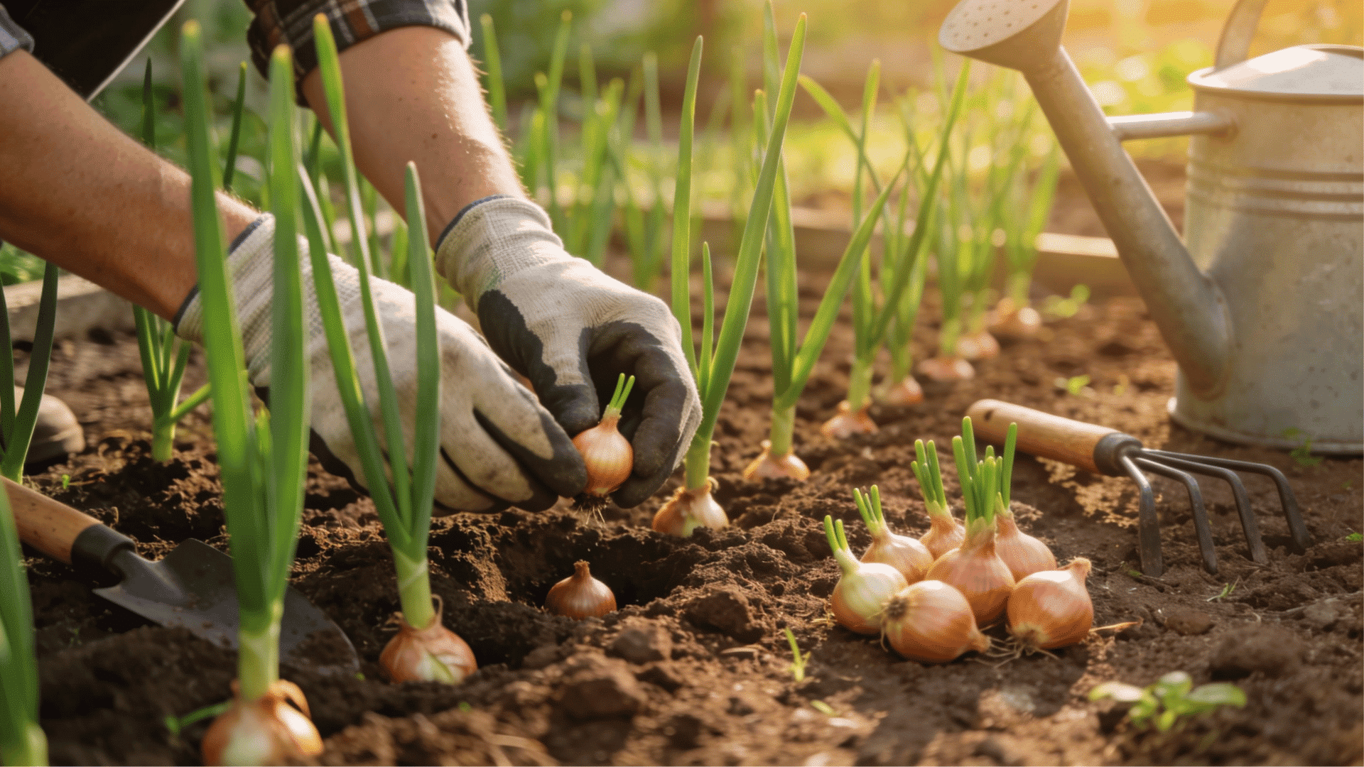 Beginner gardener planting onion sets in a sunny backyard vegetable garden with healthy green onions growing.