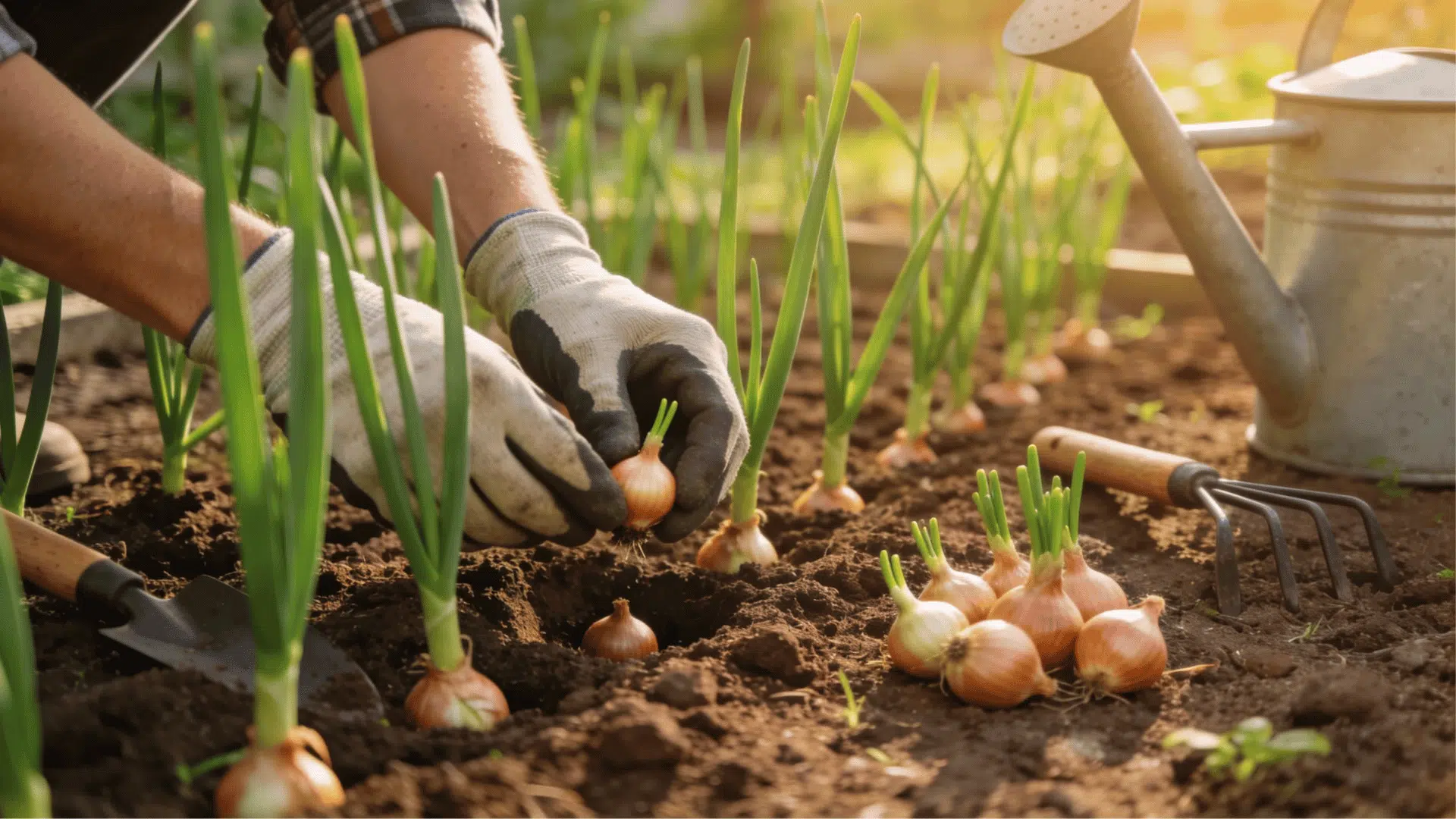 Beginner gardener planting onion sets in a sunny backyard vegetable garden with healthy green onions growing.