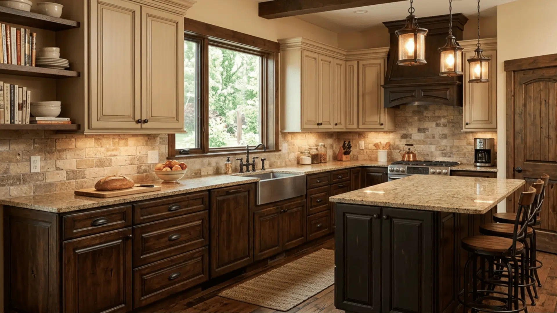 beige upper cabinets with dark brown base create a cozy traditional kitchen with warm tones