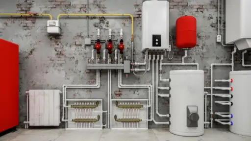 Heating system components with pipes and tanks against a brick wall in an industrial setting