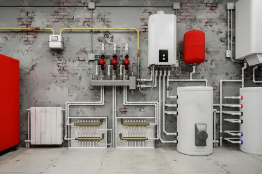 Heating system components with pipes and tanks against a brick wall in an industrial setting