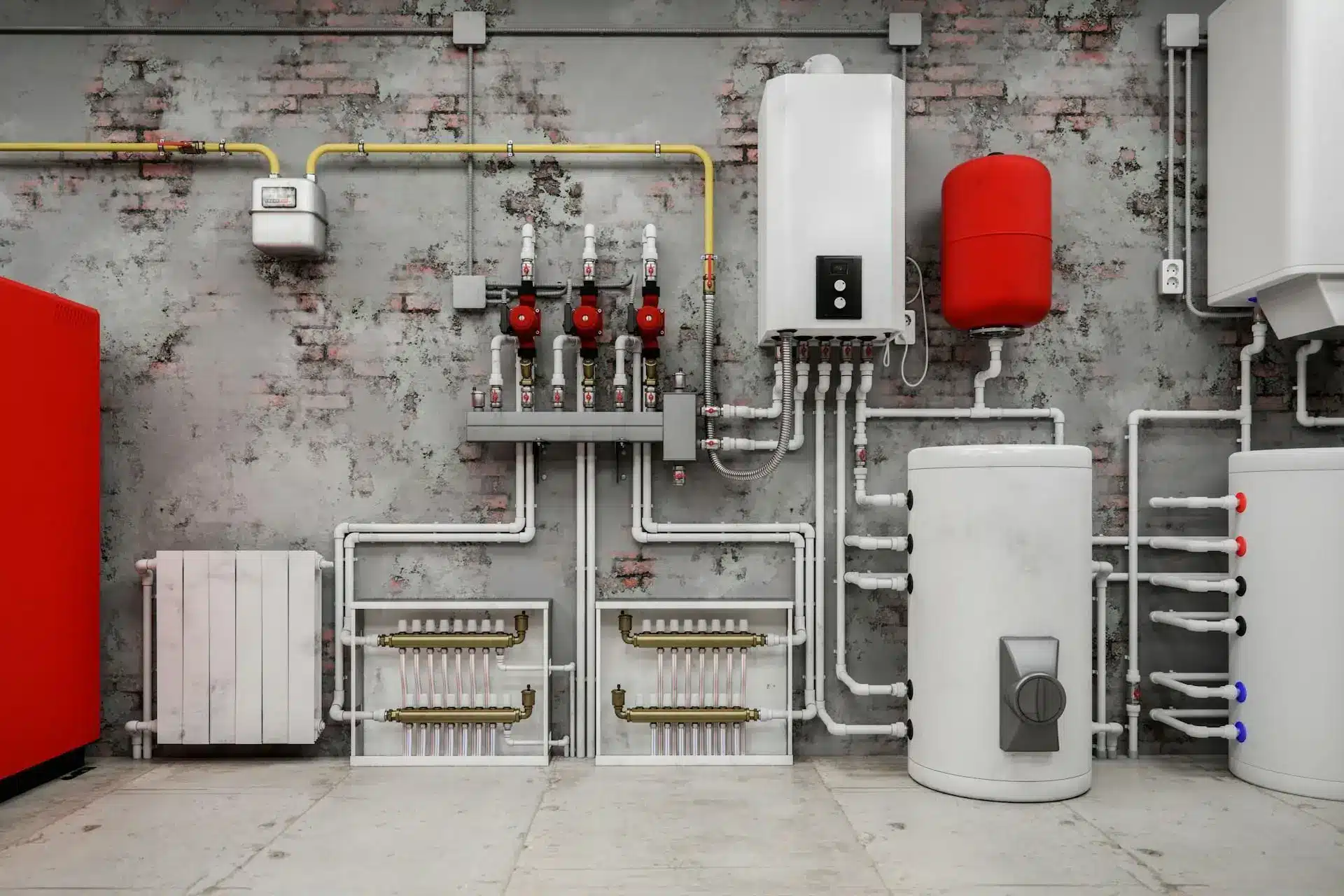 Heating system components with pipes and tanks against a brick wall in an industrial setting