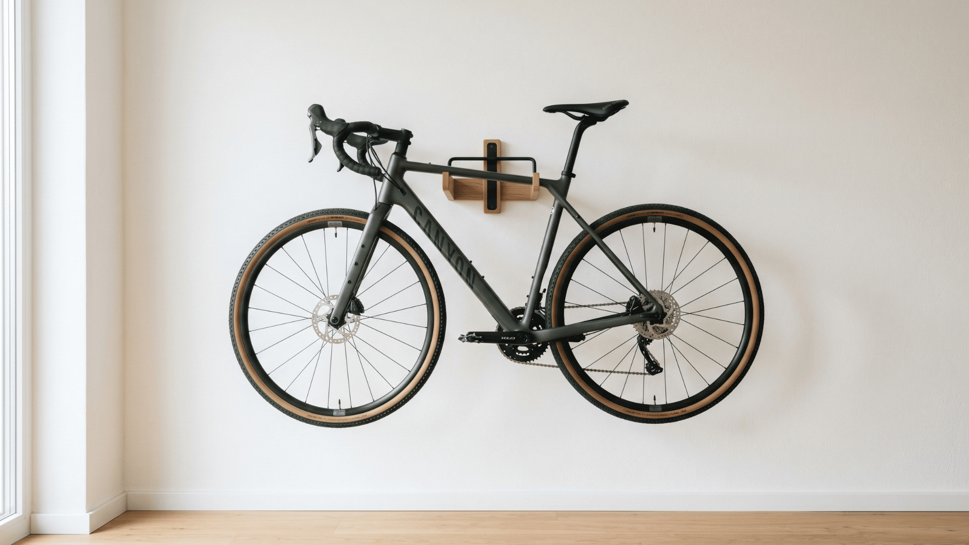 bike mounted on wall rack in a clean minimal interior