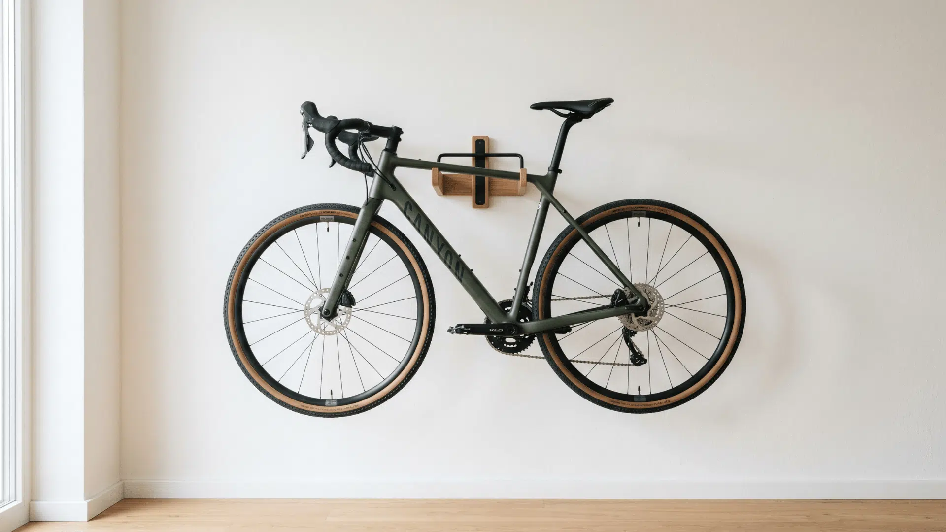 bike mounted on wall rack in a clean minimal interior