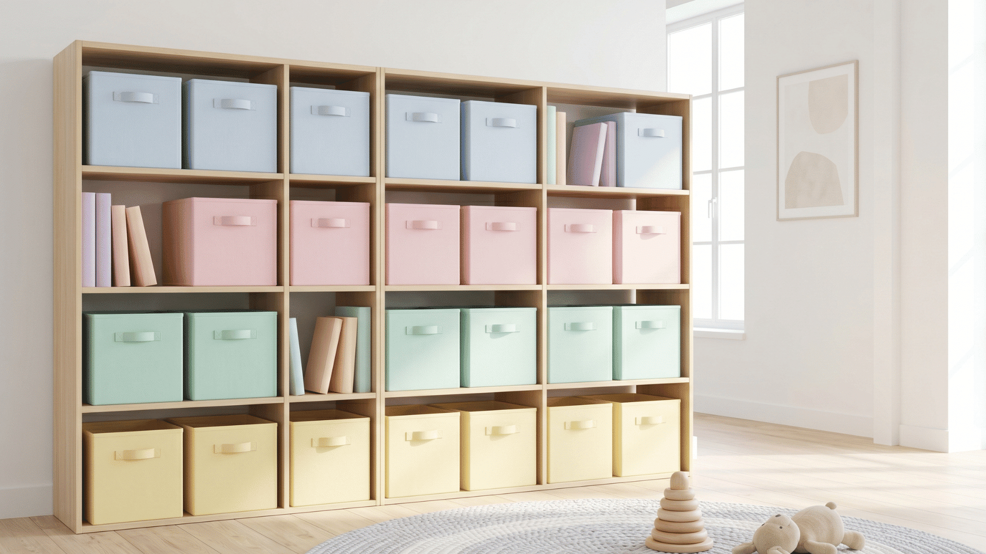 bins in soft different colors arranged neatly minimal toys clean background soft light organized look