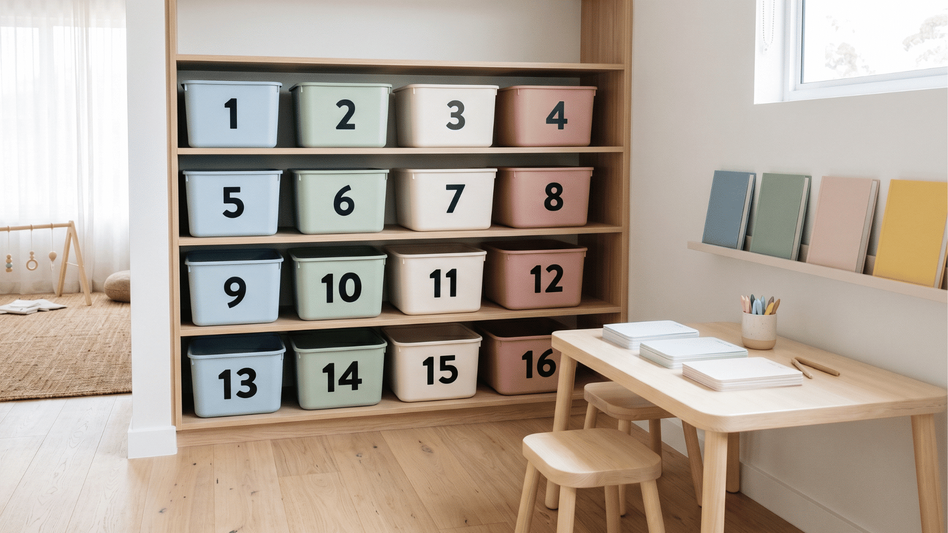 bins with numbers and activity cards arranged neatly minimal items clean playroom soft light organized system