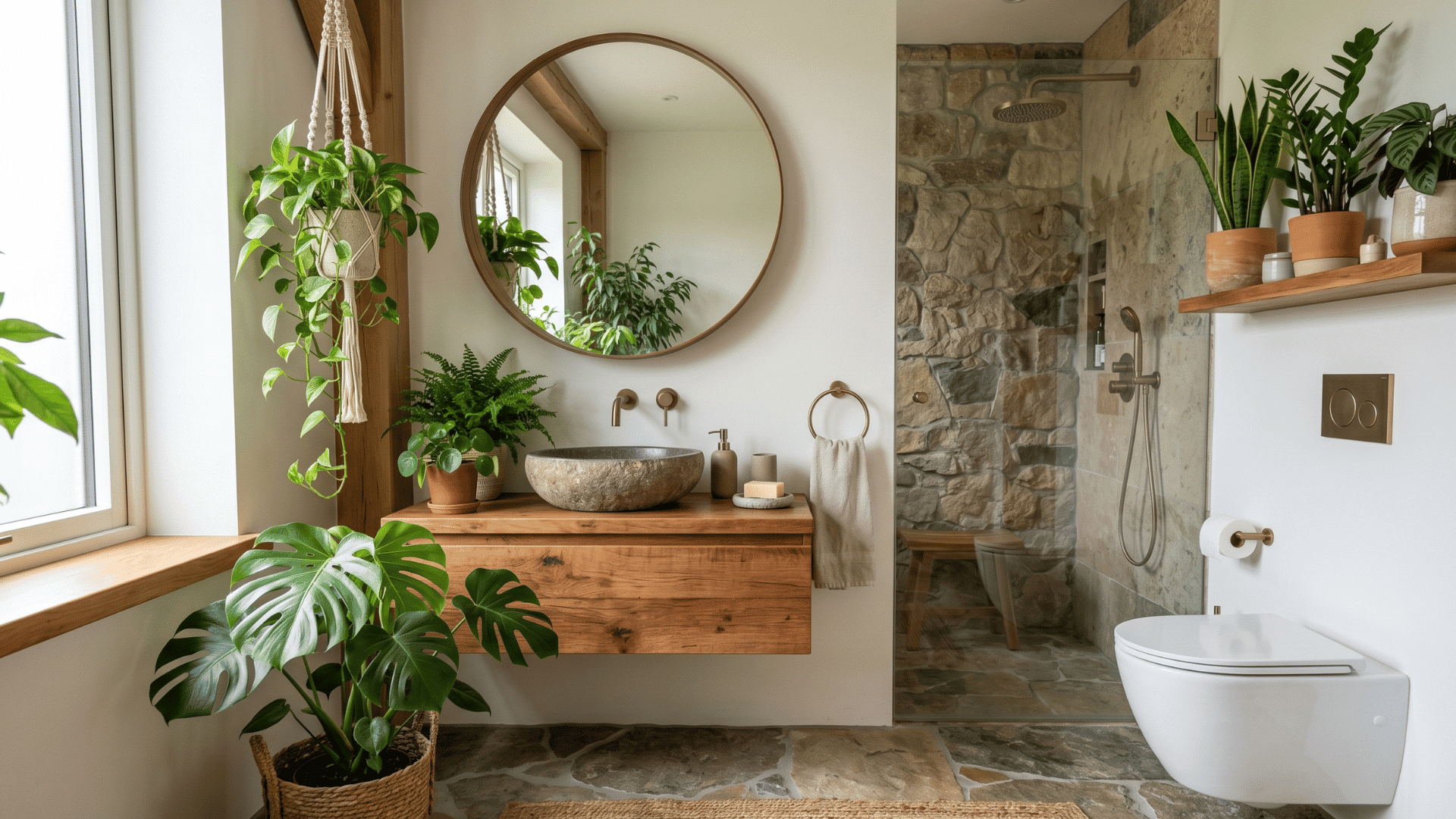 biophilic guest bathroom with indoor plants stone textures wood accents clean space front view (1)