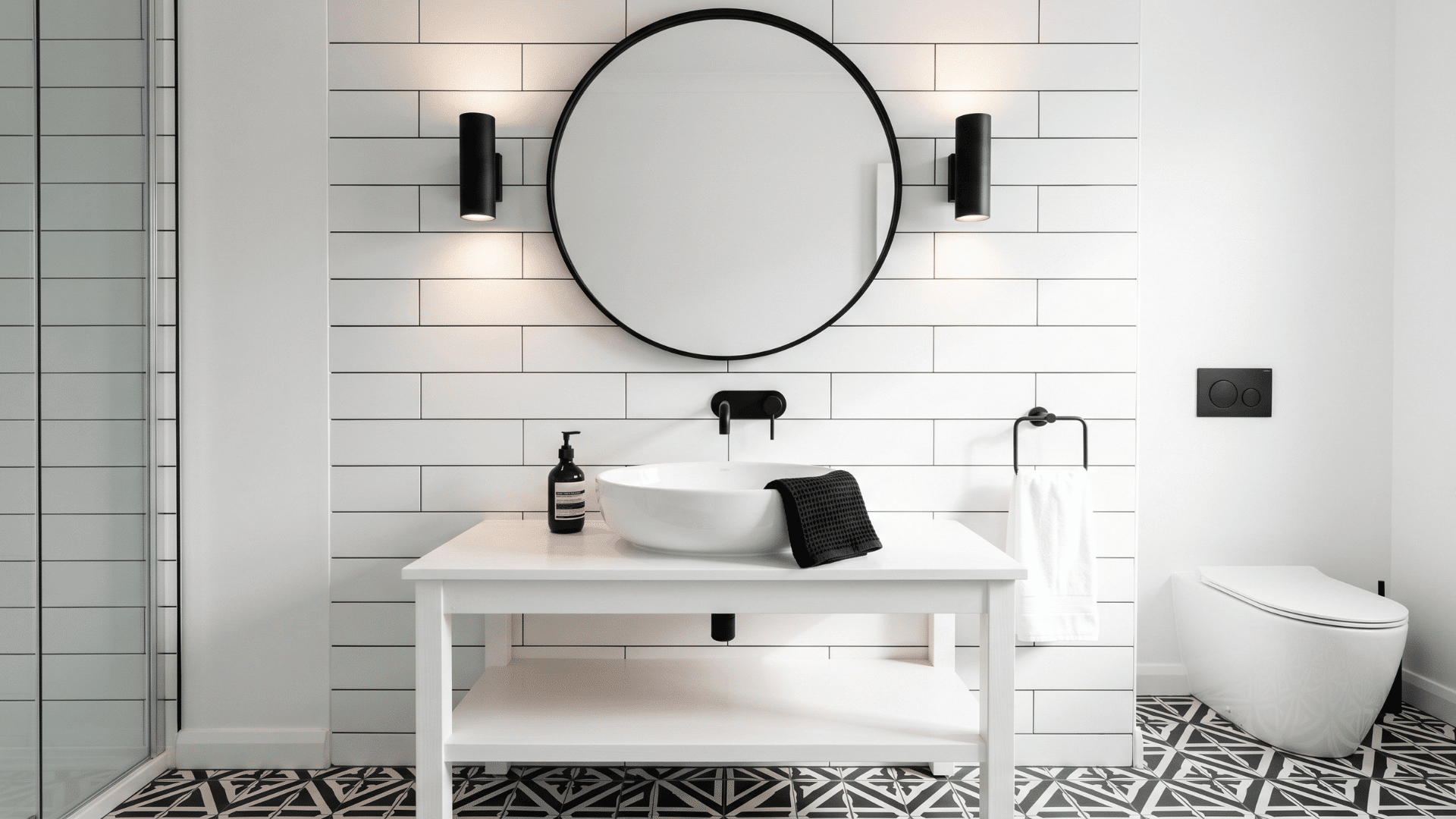 black and white contrast guest bathroom with bold pattern clean styling front view (1)