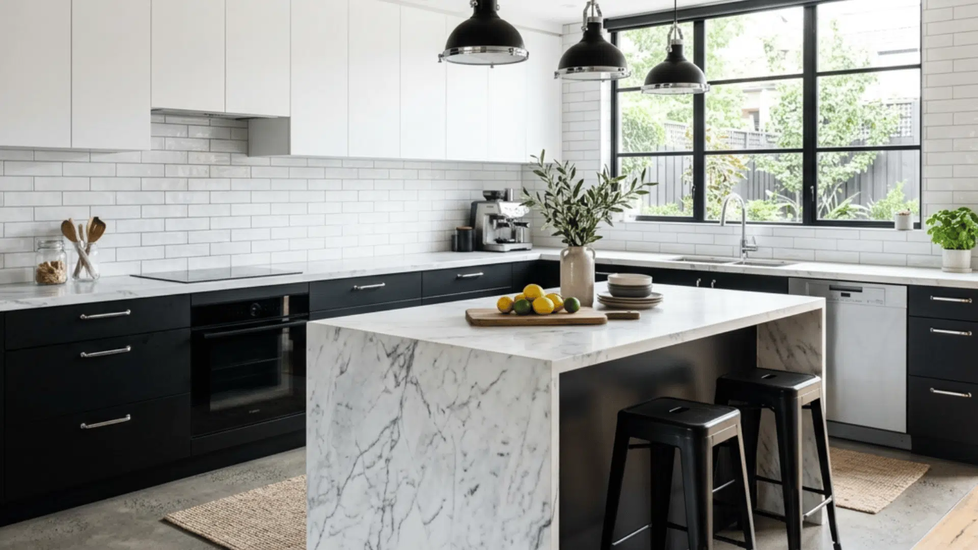 black and white split cabinets design creates a bold modern kitchen with strong visual contrast