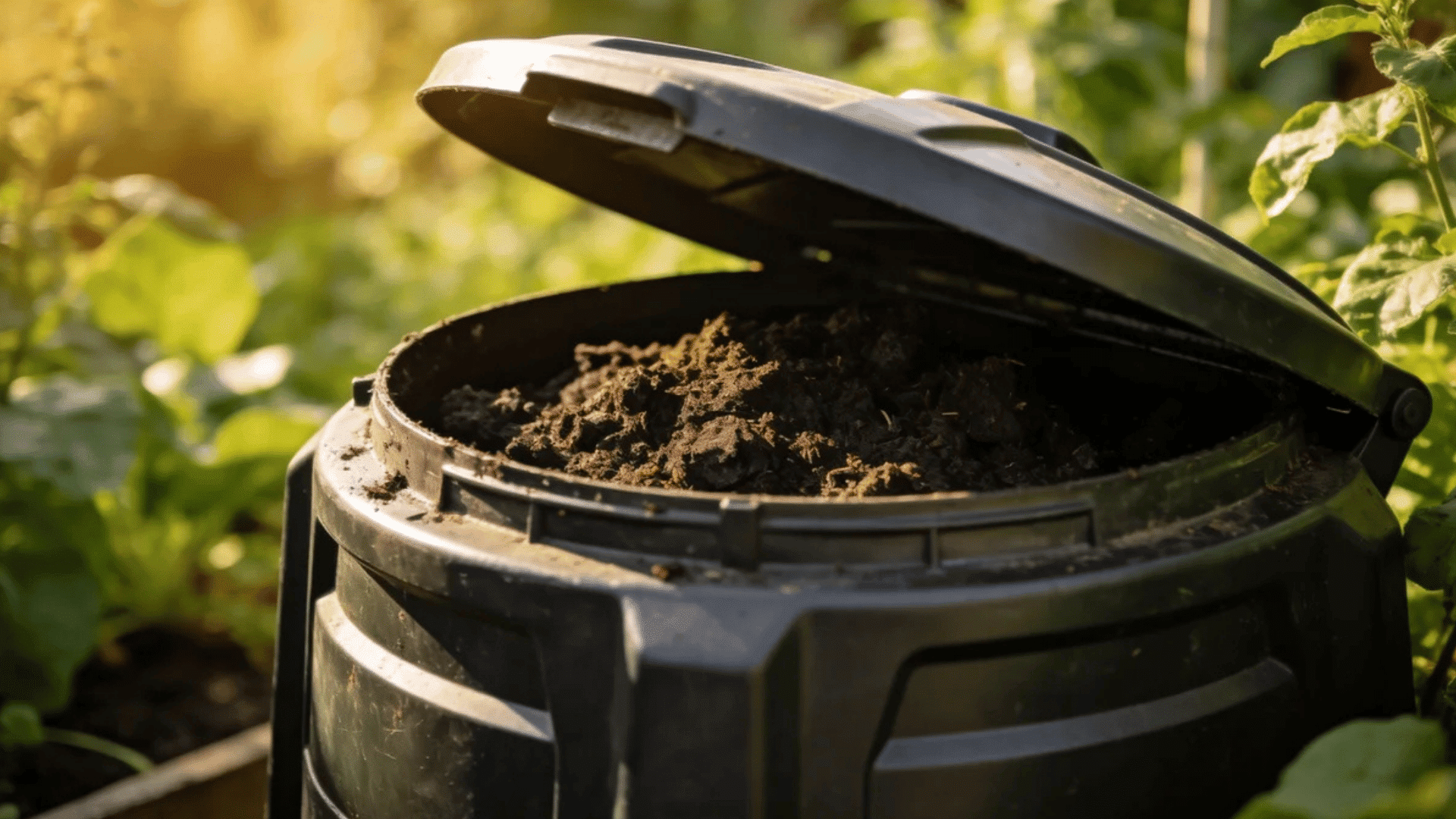 black compost bin filled with rich soil beside green plants in a backyard garden