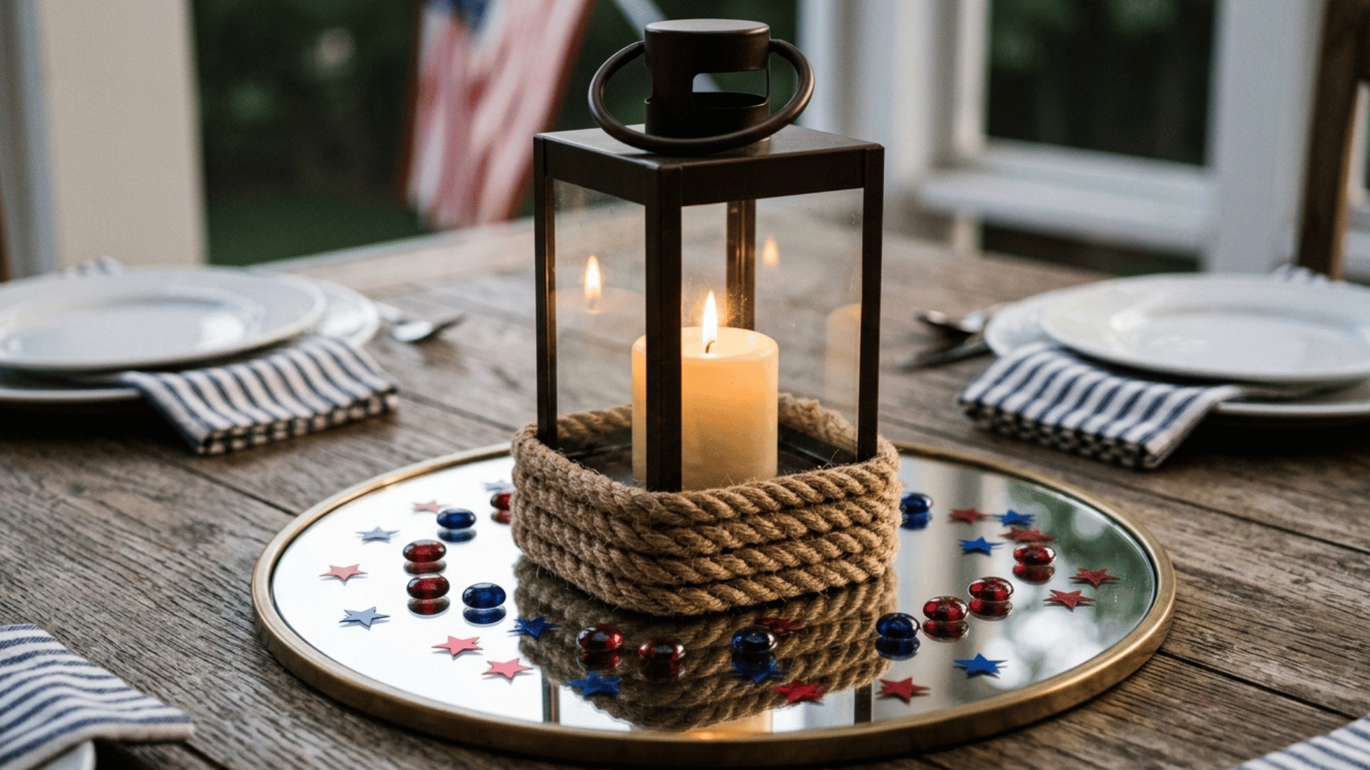 black lantern centerpiece with candle, rope base, and patriotic decor on tray.
