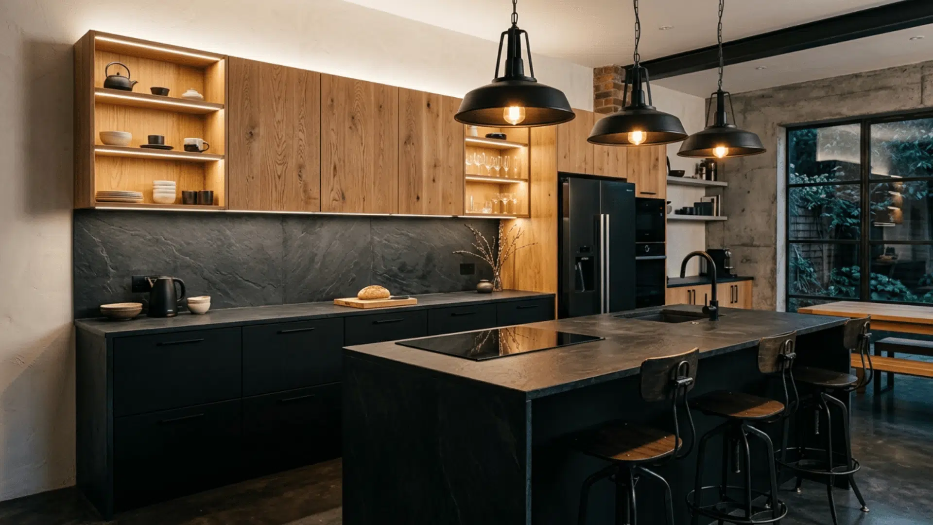 black lower cabinets with natural wood uppers create a modern kitchen with strong contrast and warmth