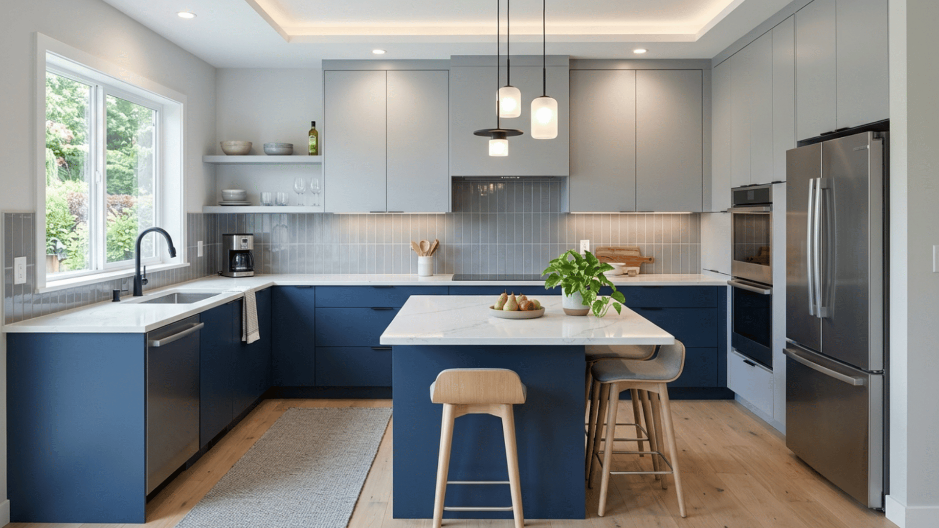 blue and gray cabinets create a cool toned kitchen with a calm and balanced design