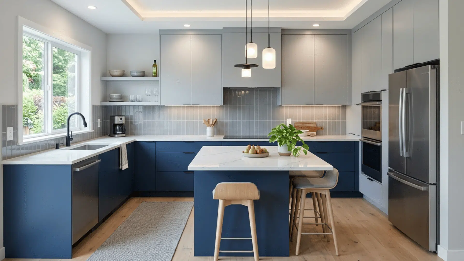 blue and gray cabinets create a cool toned kitchen with a calm and balanced design