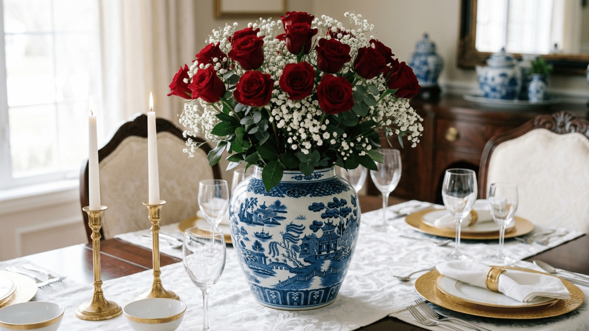 blue and white vase filled with red roses on formal dining table.