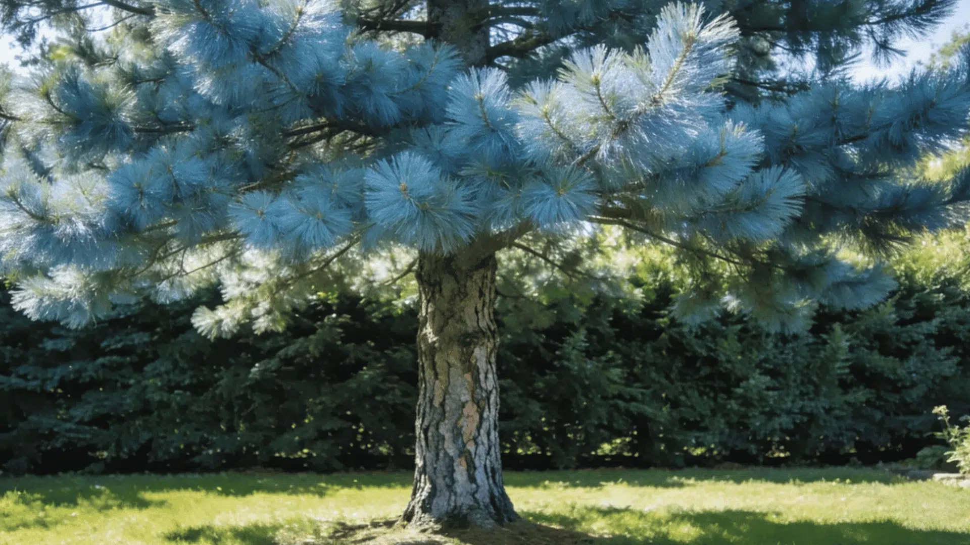 blue spruce tree with soft silver blue needles spreading across a sunny backyard with evergreen hedge background
