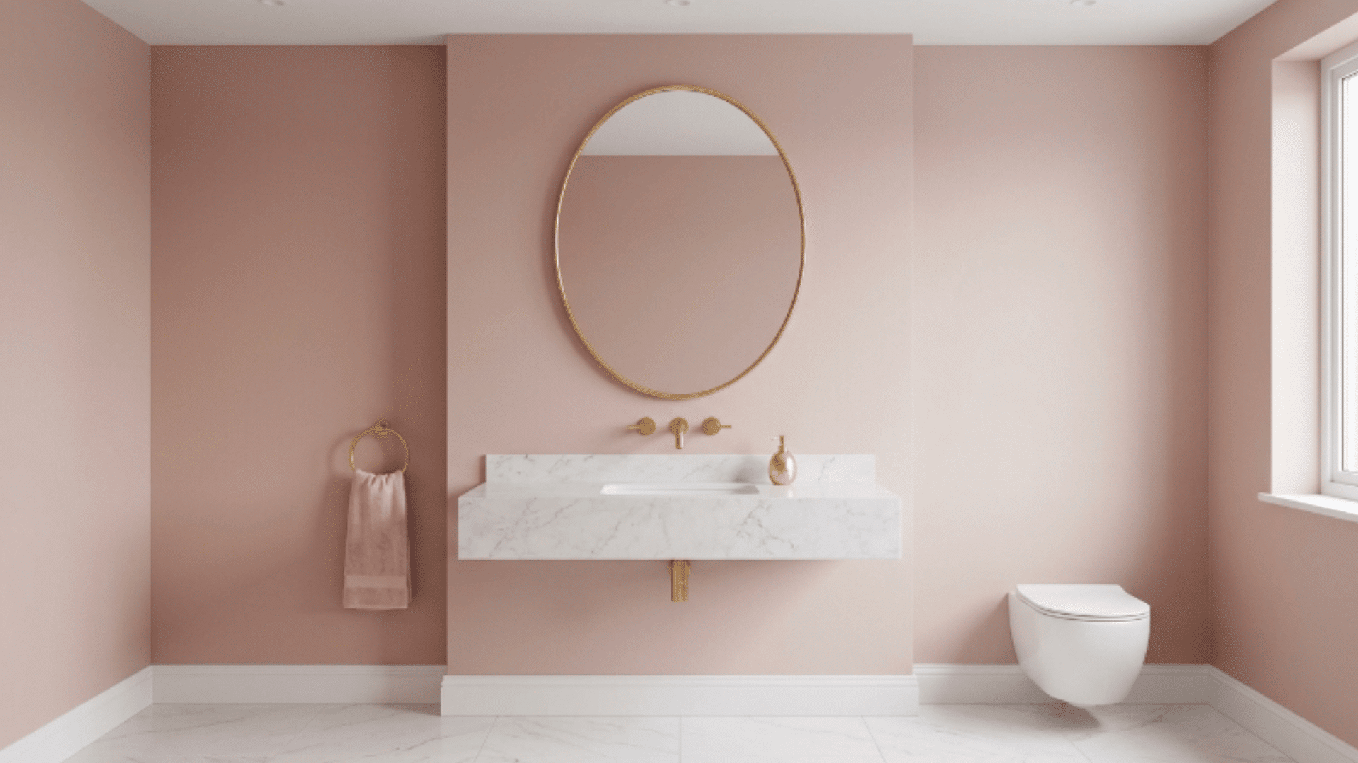 blush and gold guest bathroom with soft tones brass accents refined look front view