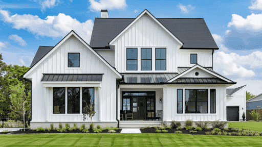 board and batten siding on modern farmhouse with white panels and black trim clean exterior design style