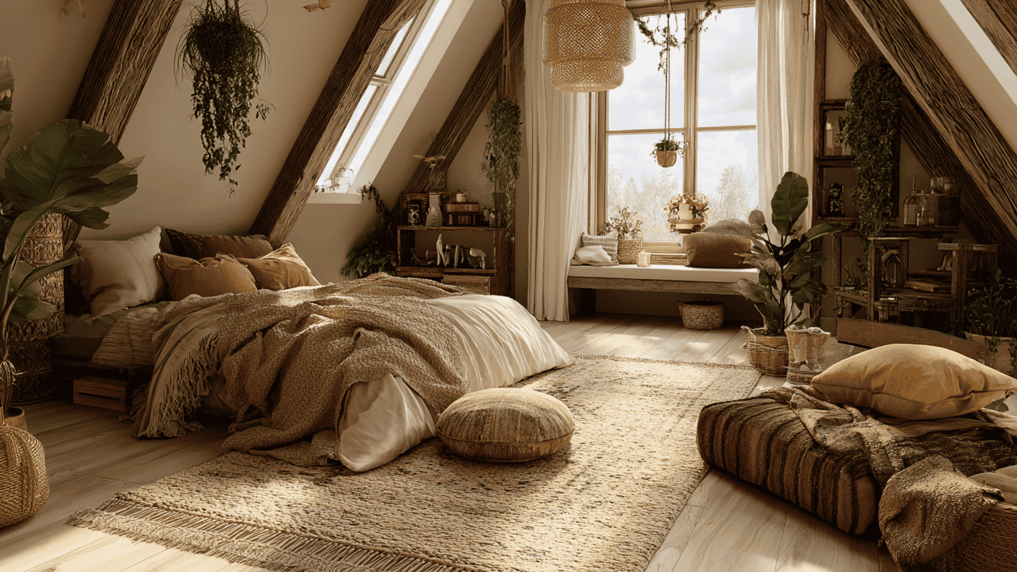 boho attic bedroom with plants and layered textiles
