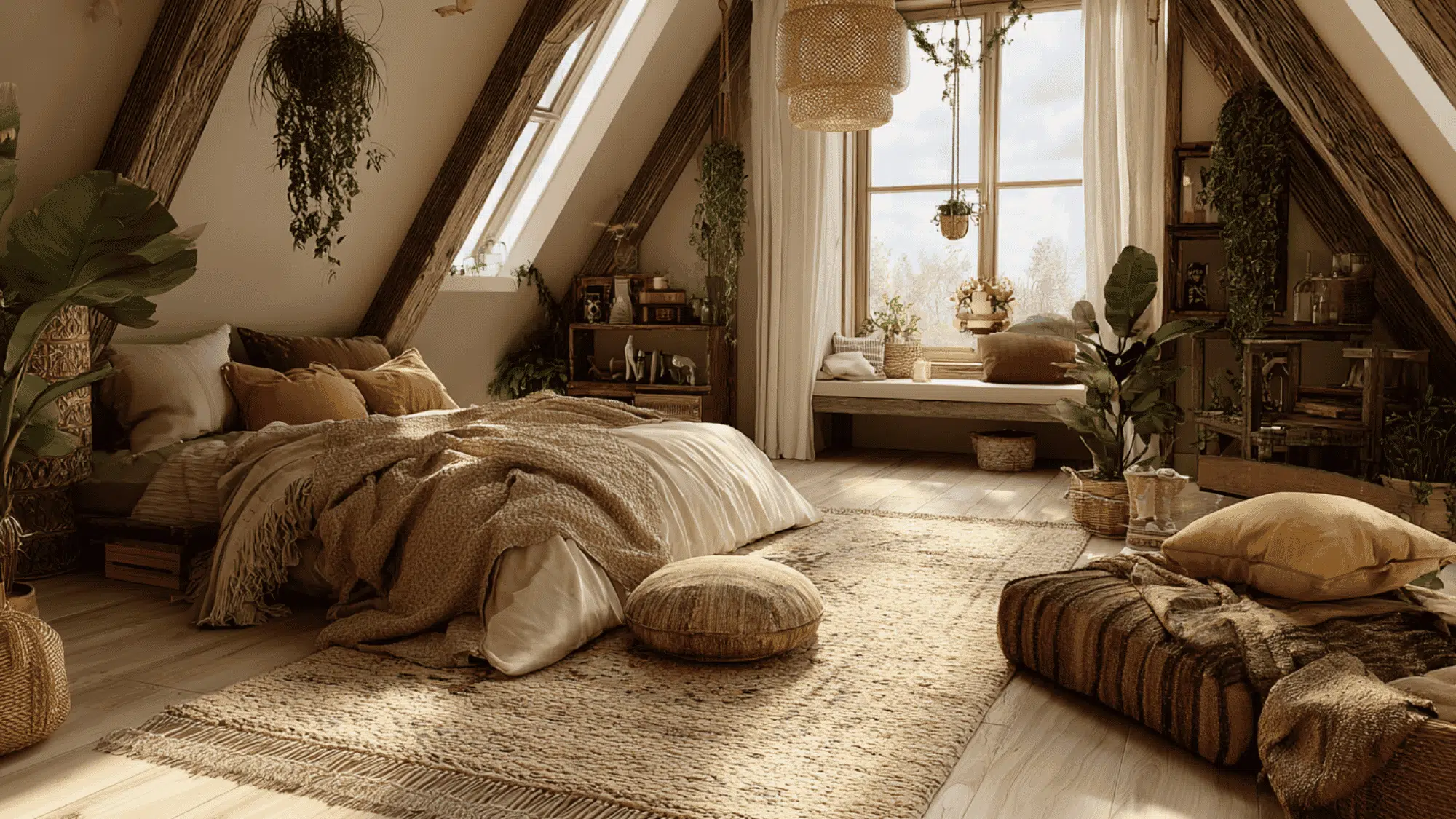 boho attic bedroom with plants and layered textiles
