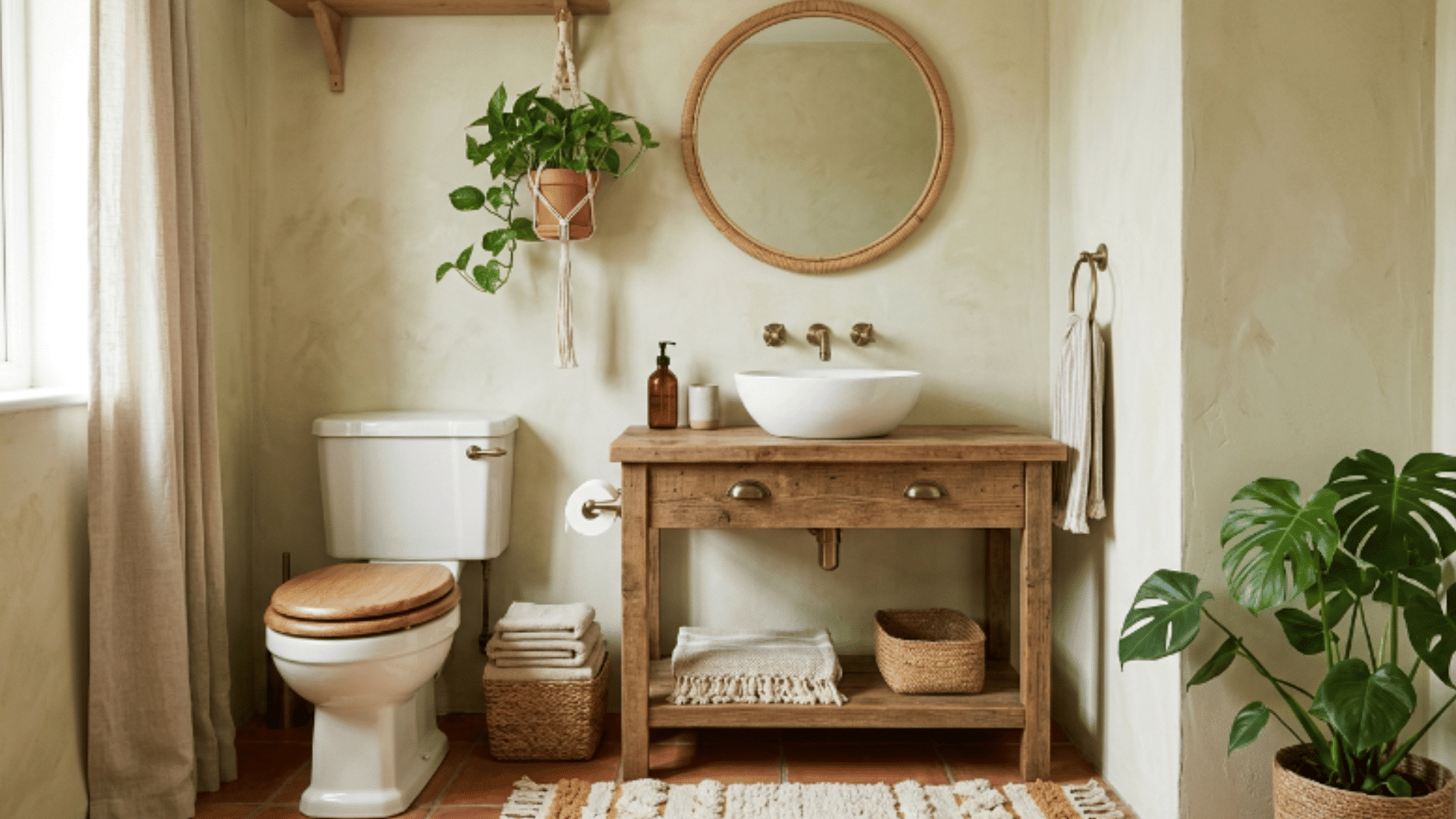 boho guest bathroom with natural textures woven elements plants relaxed style front view (1)