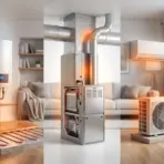 Heating systems including modern boiler, HVAC furnace, and air conditioner in cozy living room