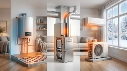 Heating systems including modern boiler, HVAC furnace, and air conditioner in cozy living room