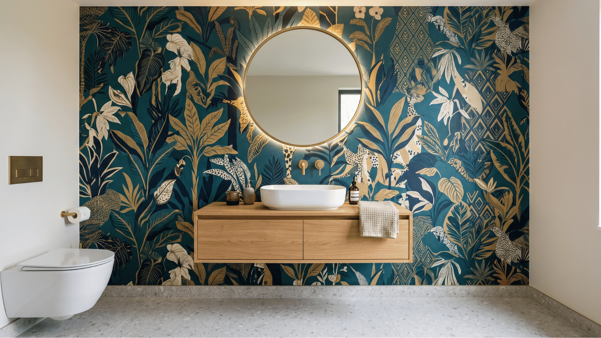 bold wallpaper guest bathroom with statement wall simple decor clean layout front view (1)