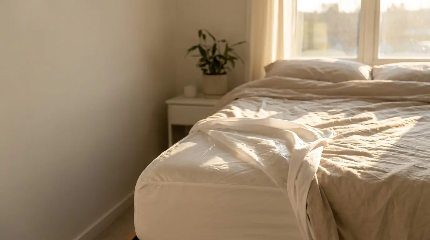 Unmade bed with beige sheets in sunlit bedroom with potted plant on nightstand