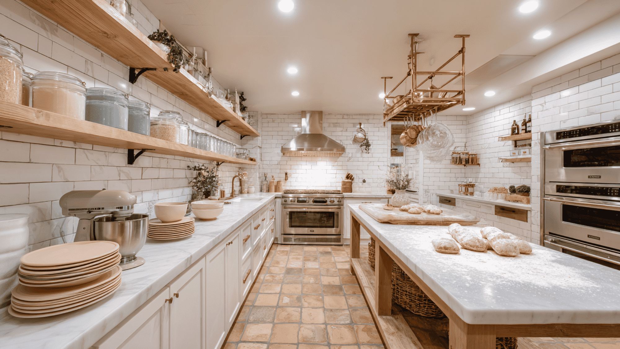 bright basement baking studio with marble countertop, subway tile walls, pastel stand mixer, open wooden shelves, copper pot rack, and warm LED lighting