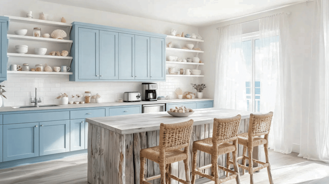 bright blue kitchen with wooden island three wicker stools and open shelves