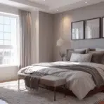 Bright feng shui bedroom with bed placed against a solid wall, balanced nightstands, soft neutral decor, and natural light from large window