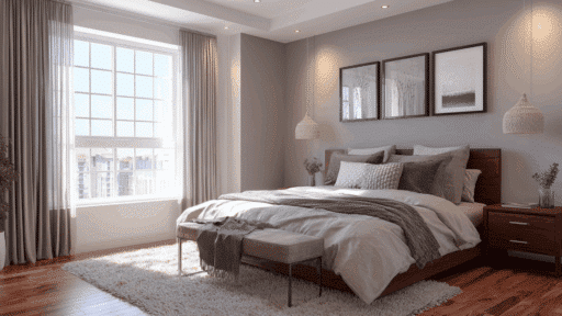 Bright feng shui bedroom with bed placed against a solid wall, balanced nightstands, soft neutral decor, and natural light from large window