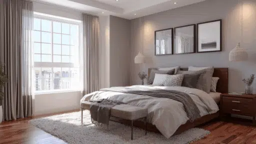 Bright feng shui bedroom with bed placed against a solid wall, balanced nightstands, soft neutral decor, and natural light from large window