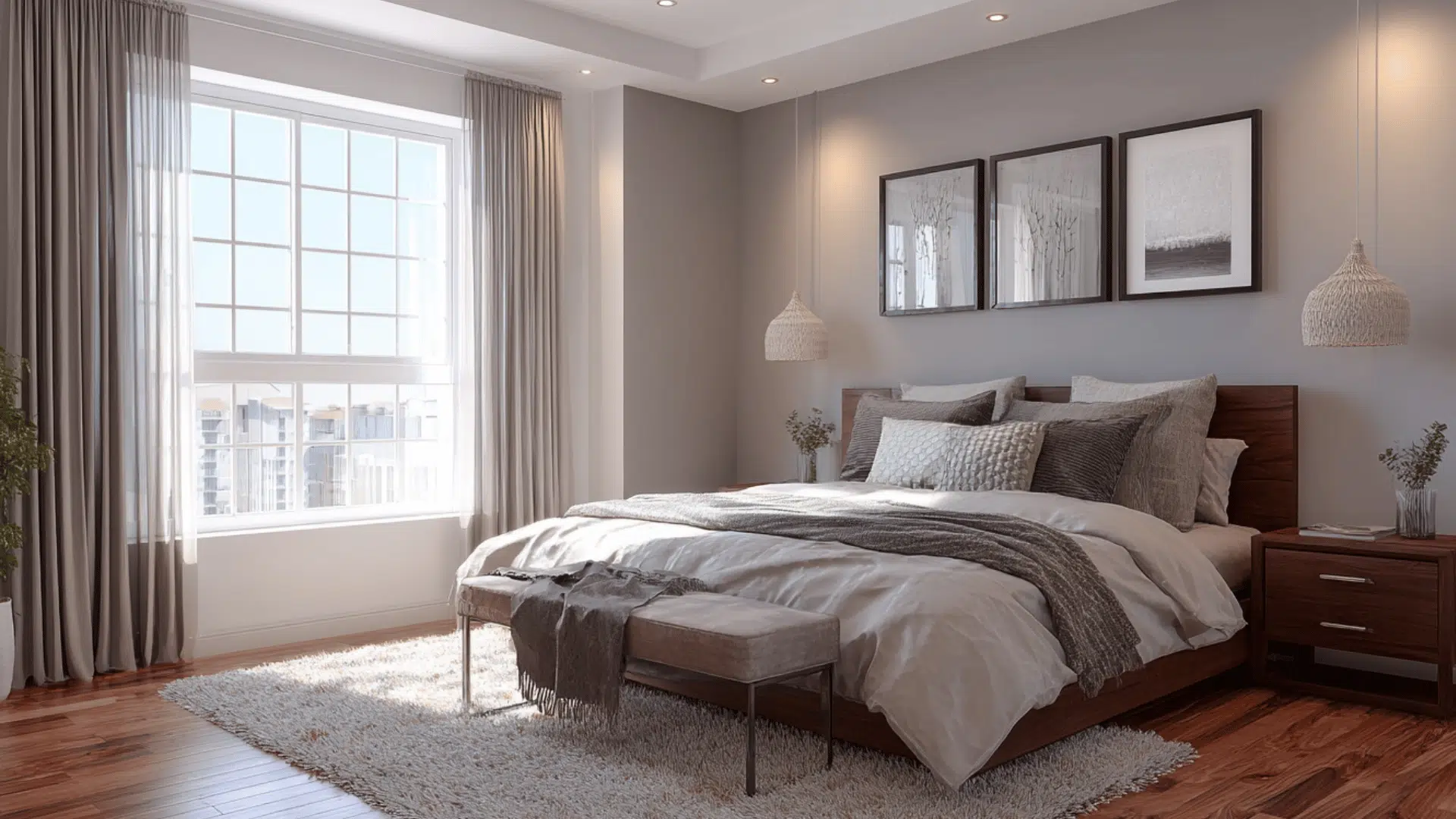 Bright feng shui bedroom with bed placed against a solid wall, balanced nightstands, soft neutral decor, and natural light from large window