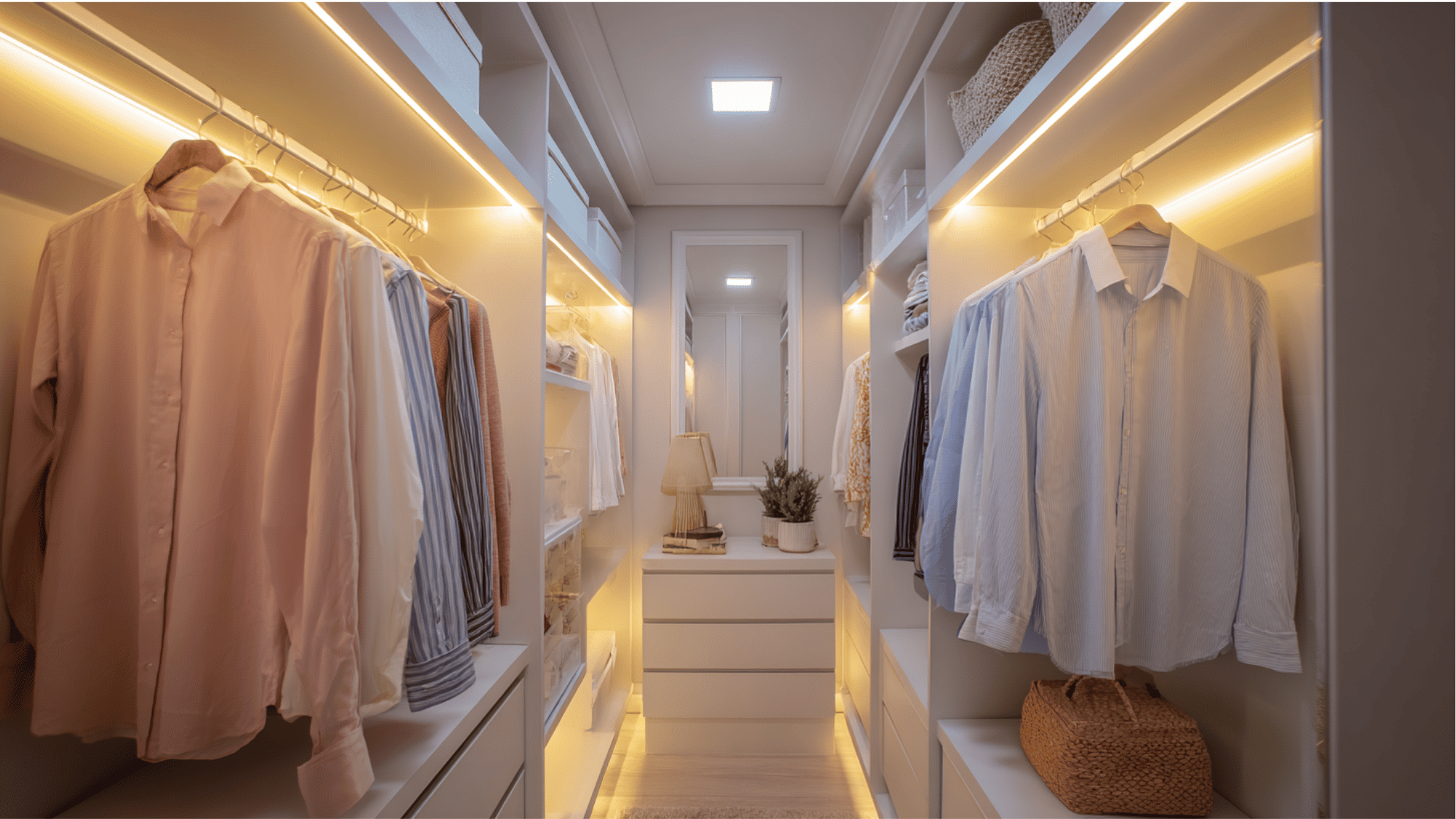 bright lighting in a small walk-in closet to improve visibility and space perception