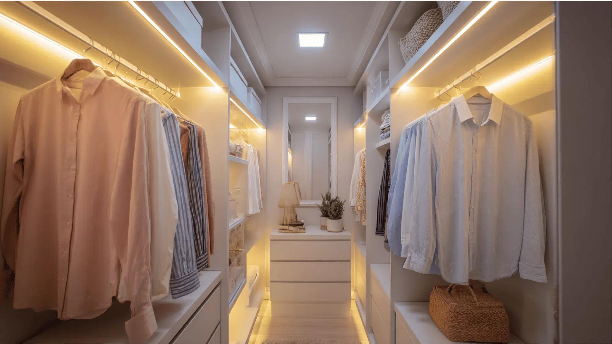 bright lighting in a small walk-in closet to improve visibility and space perception