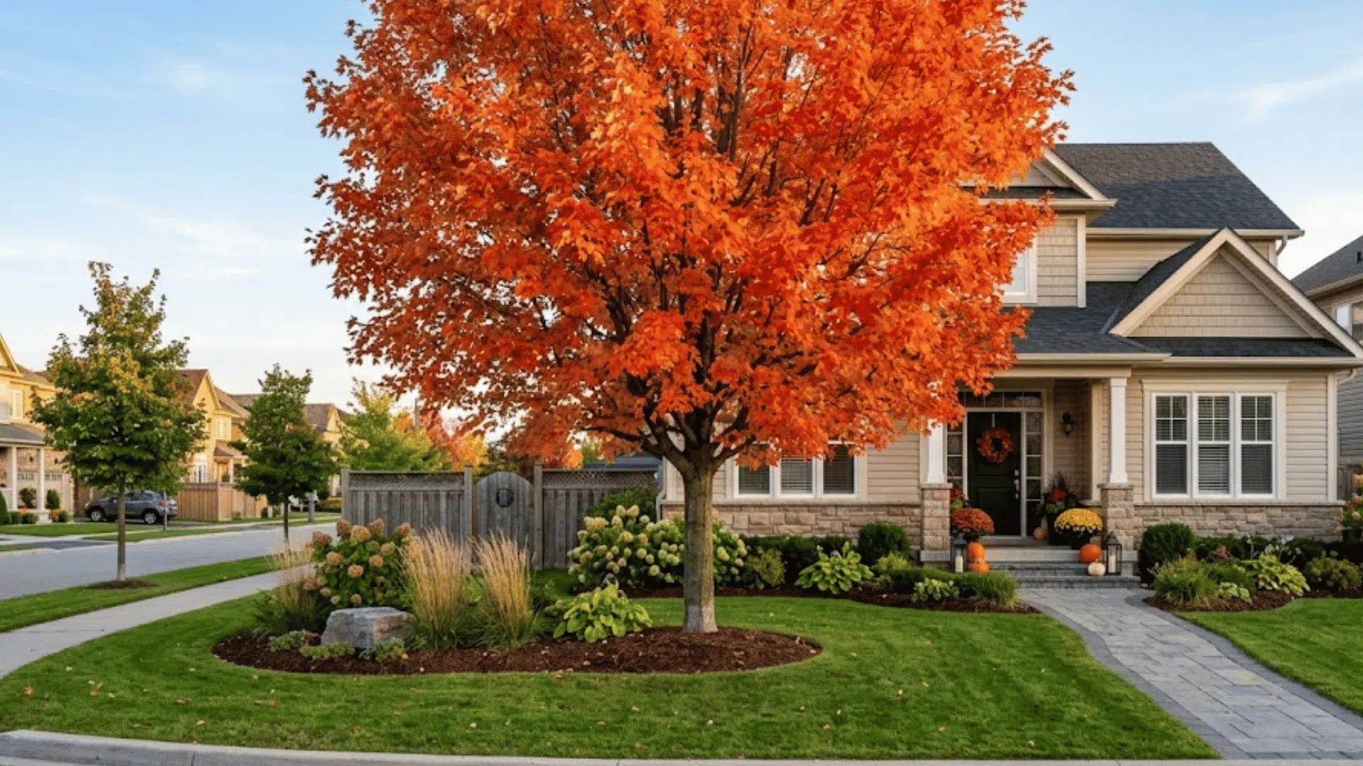 bright orange maple tree standing in a manicured front yard beside a suburban home during autumn