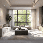 bright small living room with neutral sofa, clear layout, natural light, and well-arranged modern design