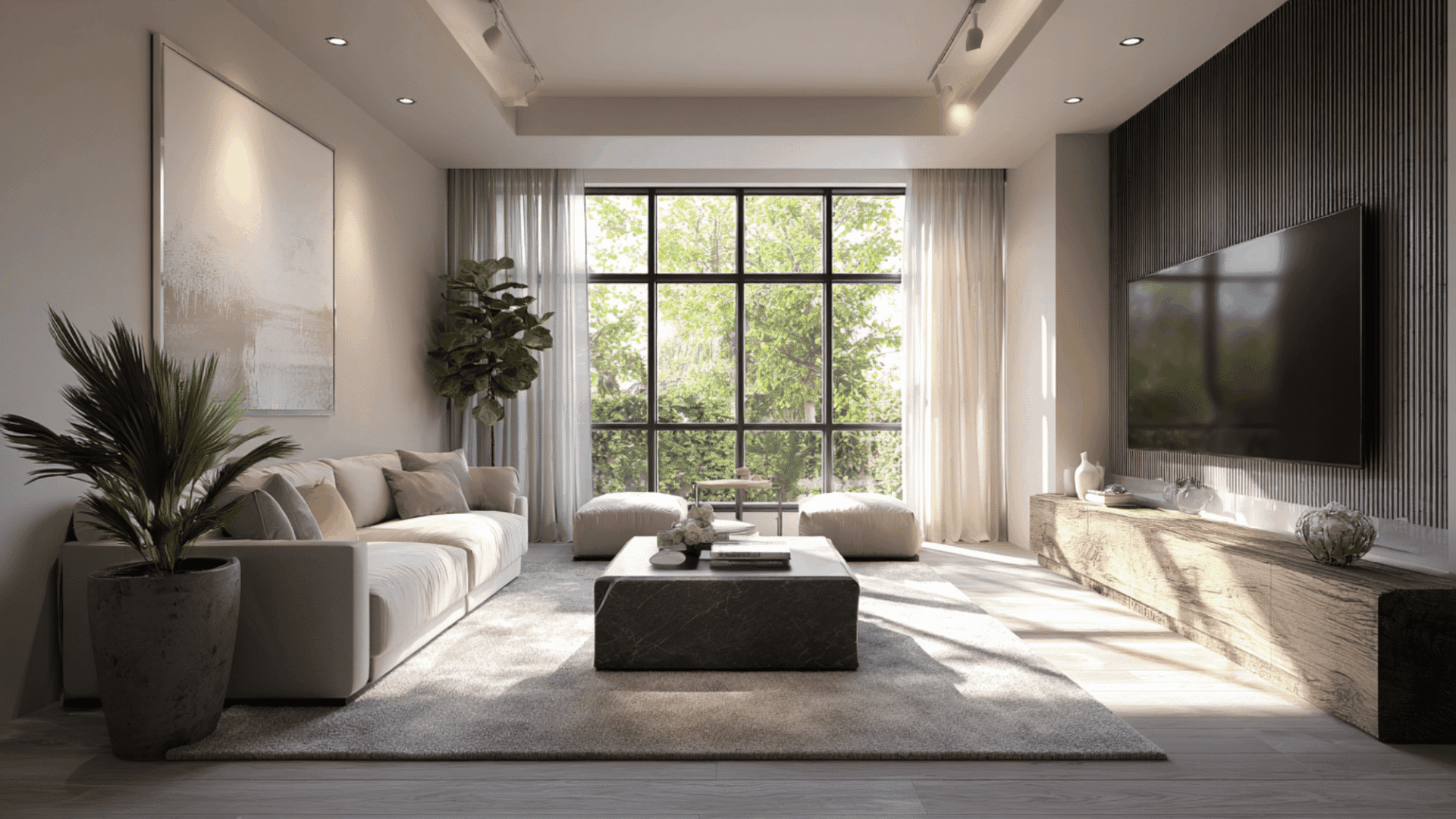 bright small living room with neutral sofa, clear layout, natural light, and well-arranged modern design