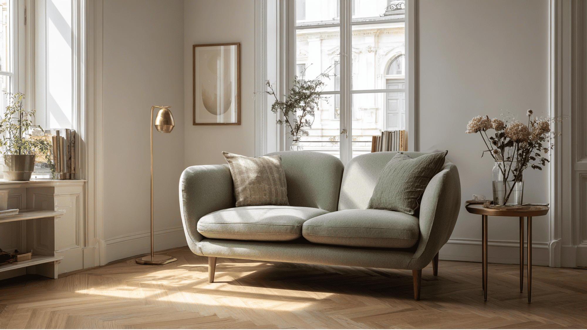 bright small living room with slim sage green mid-century sofa, tapered legs, brass side table, and herringbone flooring