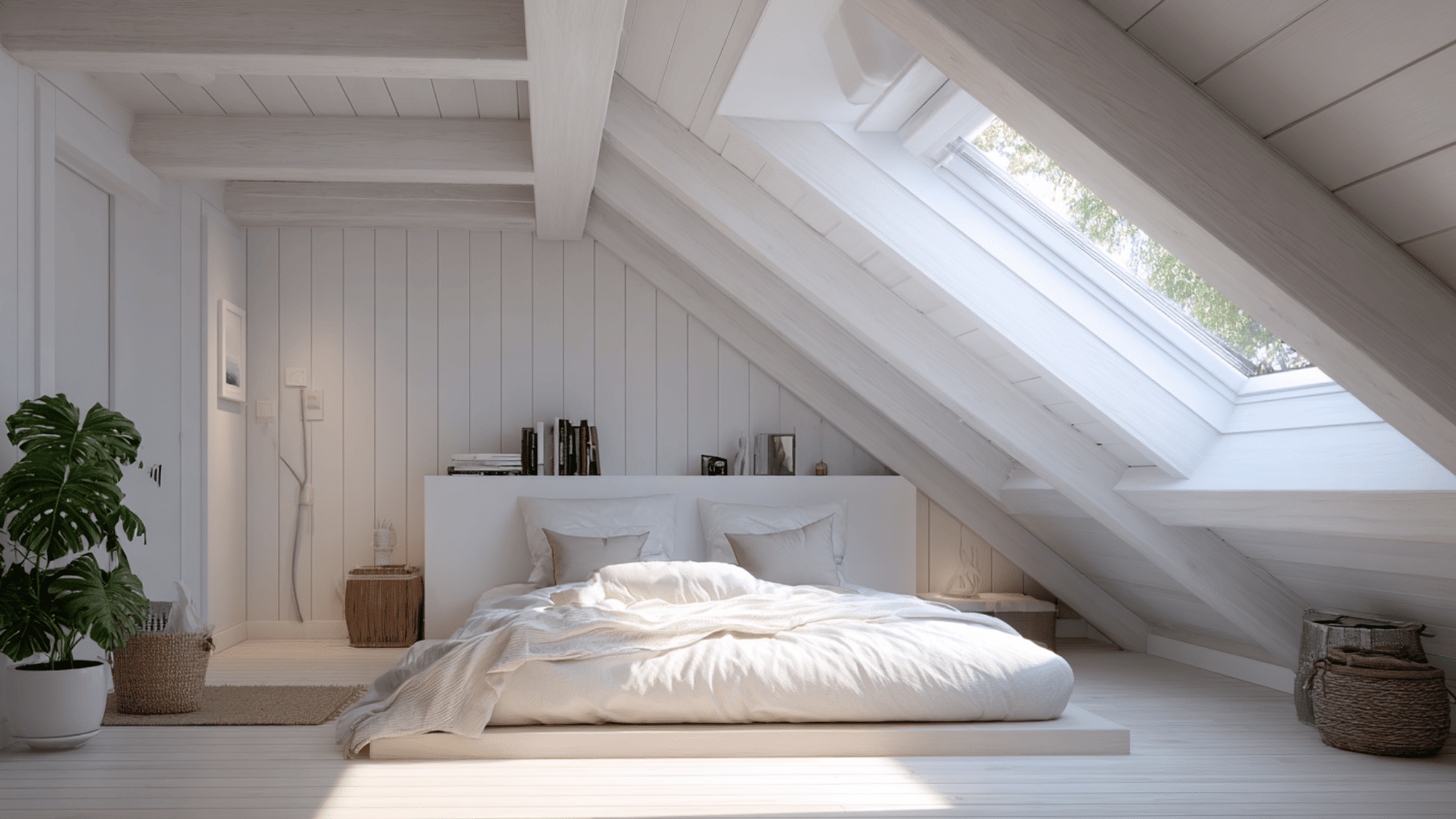 bright white attic bedroom with sloped ceiling and natural light
