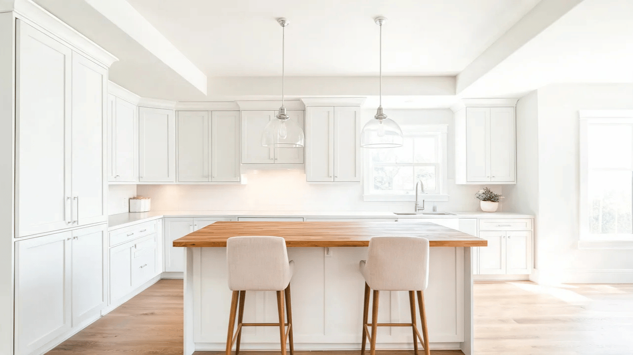 bright white kitchen with wooden island two chairs and hanging glass lights