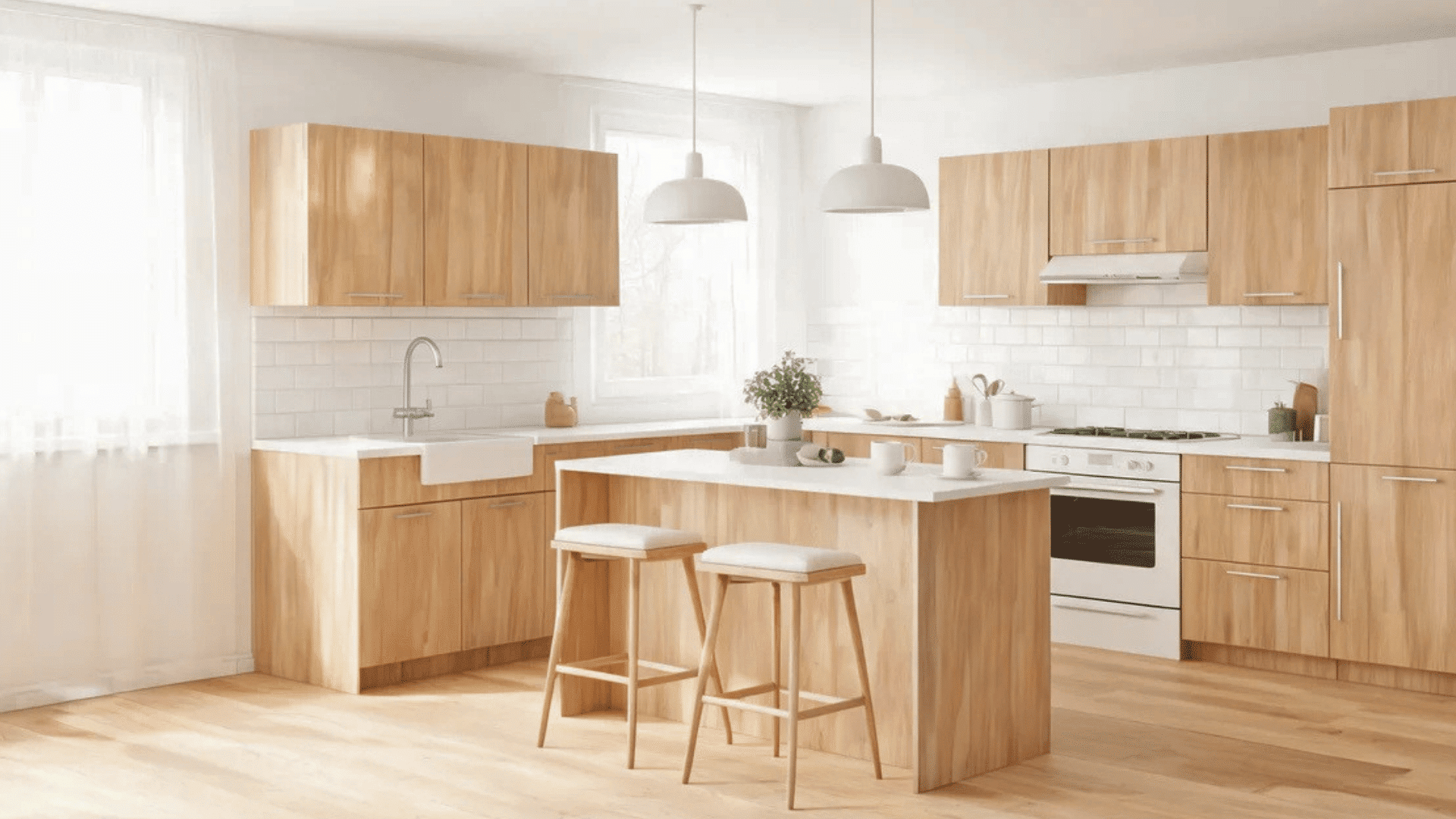 bright wooden kitchen with central island two stools and pendant lights