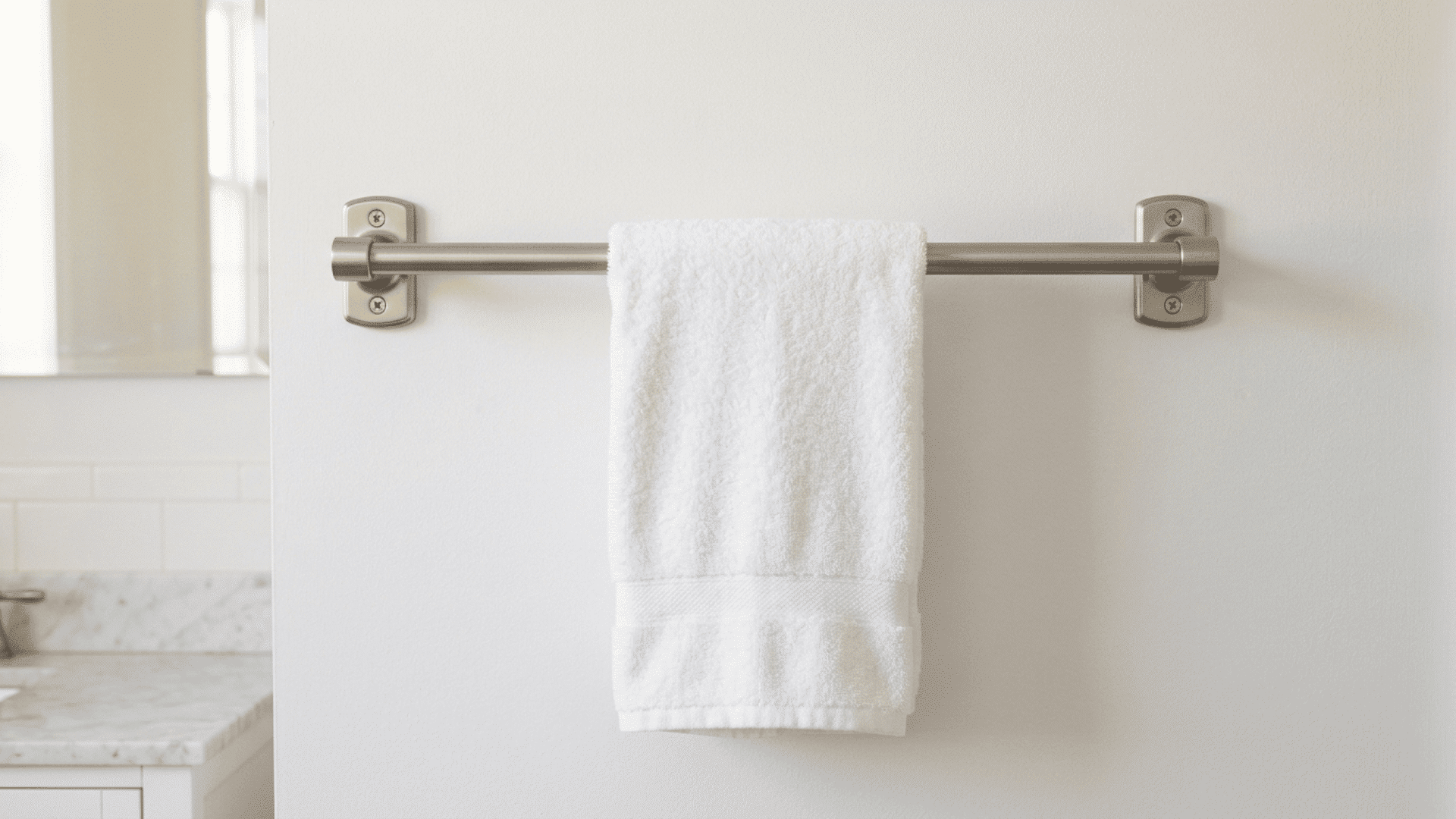 brushed nickel towel bar mounted on white bathroom wall with a neatly folded white towel hanging from it