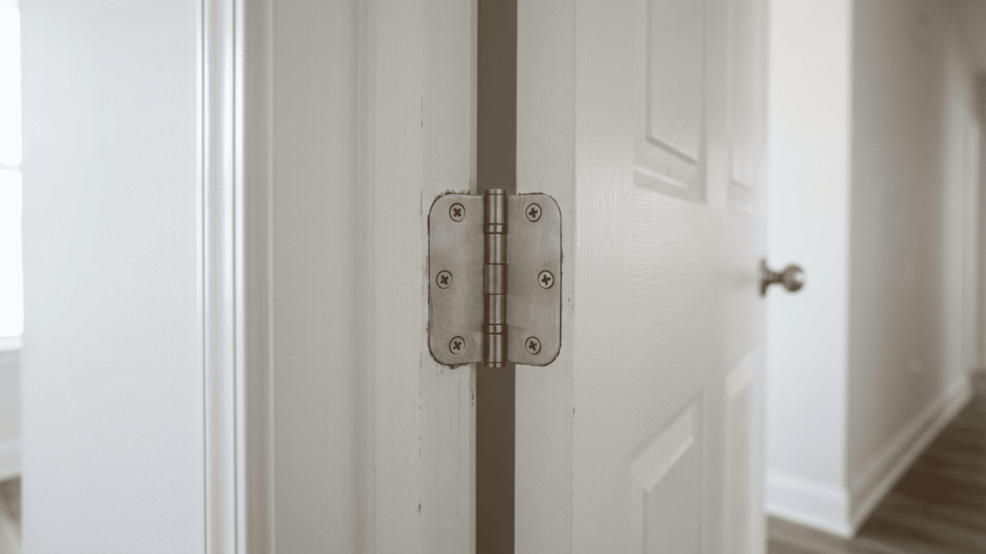 brushed silver door hinge as main focus on a white interior door slightly open with clean white walls