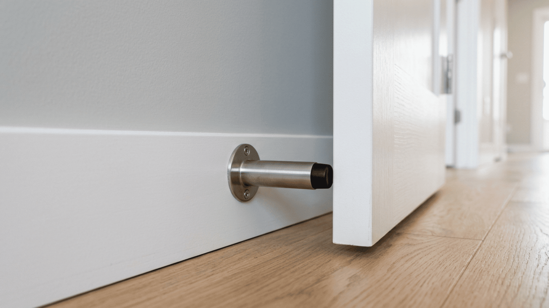 brushed silver wall mounted door stopper installed flush on a white baseboard near a clean interior door
