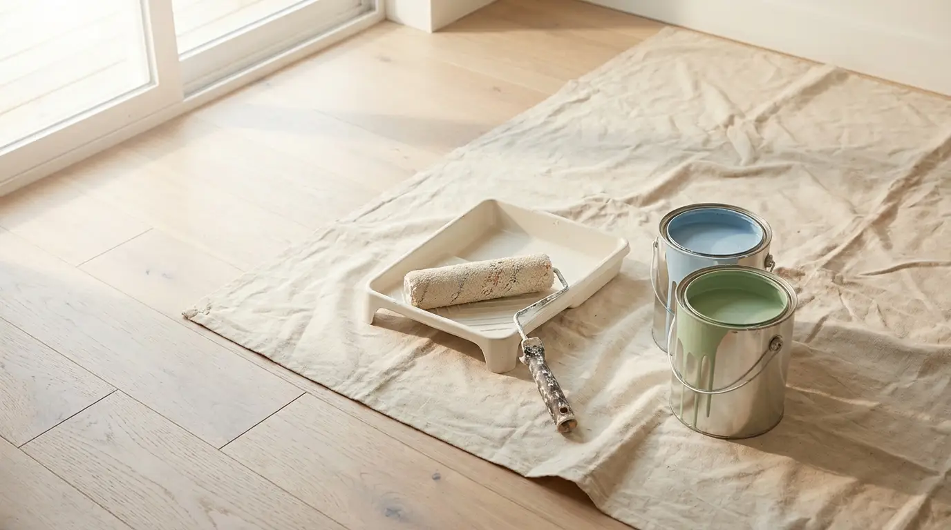 Paint cans and roller tray on drop cloth in bright room with light wooden floor