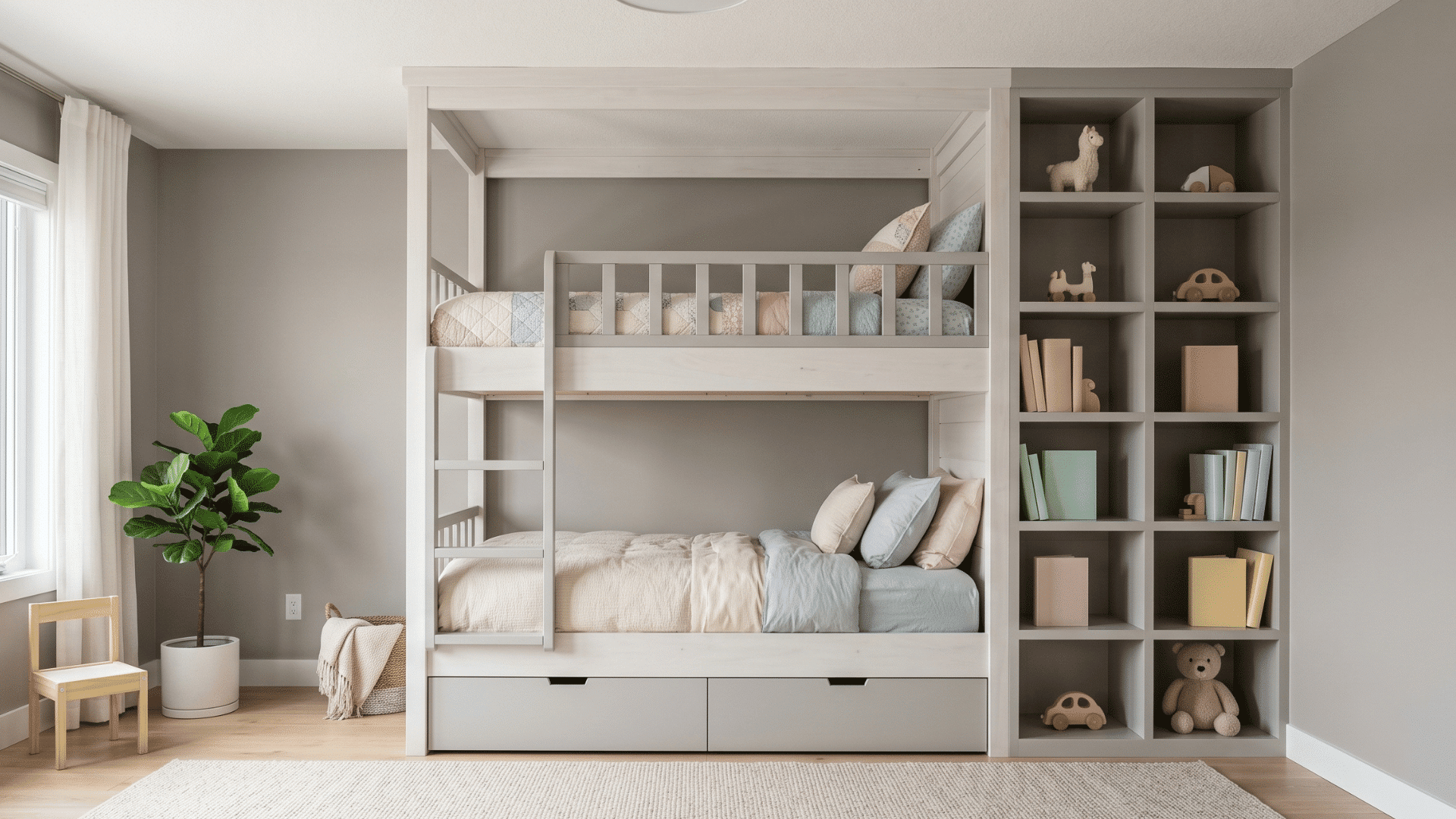 bunk bed with side shelves holding few items clean room neutral tones soft light tidy layout